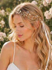 KOVLYNE 1pc Elegant Faux Pearl & Crystal Bridal Hair Accessory, Gold Foil Wedding Headpiece With Ribbon Tie, Suitable For Bride, Prom And Party Bohemian Style Hair Ornament - Gold - View 7