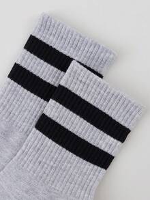 1 Pair Women's Grey Striped British Academy Style Two-Stripe Patchwork Mid-Calf Socks, Autumn/Winter, Suitable For Back To School, Halloween And Other Holidays - Multicolor - View 7