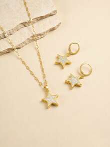 3pcs/Set Fashion Sparkling Full Cubic Zirconia Star, Five-Pointed Star Stainless Steel Women's Necklace Set, Suitable For Women's Daily Wear, Beach Vacation, Travel, Party - Yellow Gold - View 3