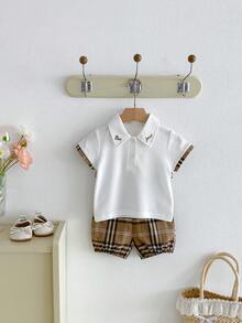 Miniweenns Unisex Baby & Toddler Back To School Summer Letter Embroidered Polo Collar Set, White & Brown Plaid Short Sleeve Top + Shorts 2-Piece Outfit - Multicolor - View 4