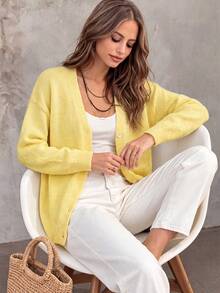 Women's Early Fall V-Neck Solid Color Soft Lazy Loose Single-Breasted Long Sleeve Knit Cardigan Daily Tea Time Commute Outing Layering Versatile Basic - Yellow - View 4