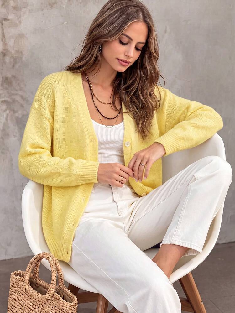 Women's Early Fall V-Neck Solid Color Soft Lazy Loose Single-Breasted Long Sleeve Knit Cardigan Daily Tea Time Commute Outing Layering Versatile Basic - Yellow - View 4