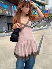 GMFP Women's Summer/Autumn Casual Elegant Fashion Lace Patchwork Pink Party Spaghetti Strap Dress, World Cup, Holiday Season, Independence Day Outfit - Pink - View 2
