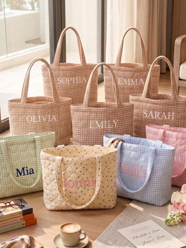 1pc Personalized Name Quilted Plaid Tote Bag, Customized Checkered Shoulder Bag, Bridesmaid Gift, Embroidered Name, Lightweight Shopping Handbag