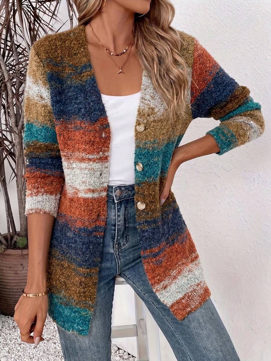 Women's Vintage Gradient Color Cardigan, Comfortable Long Sleeve Button Knit Jacket, Casual Loose Fit, Suitable For Autumn/Winter Wear And Vacation - Gradient Colors - View 1