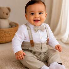 Conjunto Infantil Menino Social Camisa Manga Longa e Body Calça Com Suspensorio e Gravata Borboleta para festa Casamento - Bege/Branco - Visão 9
