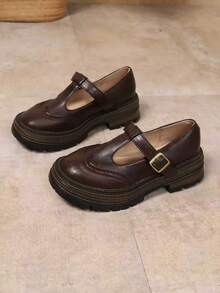 Women's Academy Style Mary Jane Shoes, Vintage T-Strap Buckle Upper, Round Toe Thick Sole Loafers, Suitable For Daily Commute And Campus - Brown - View 4