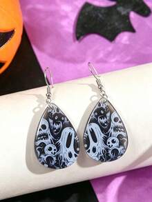 1Pair Black Teardrop White Spider Web Line Print 2D Flat Acrylic Hook Dangle Earrings, Minimal Halloween Cobweb Pattern Drop Earrings For Women. - Ghost - View 5