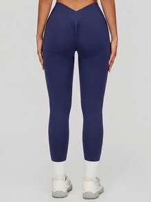 KyrLssu Plain High Rise V Waistback Sports Leggings, Stretch Skinny Workout Running Tights For Daily & Gym Wear - Navy Blue - View 4