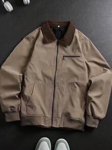Men's Autumn/Winter Corduroy Patchwork Contrast Color Zipper Placket Casual Versatile Workwear Jacket, Suitable For Daily Outings And Commuting - Khaki - View 2