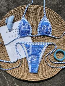 Conjunto de bikini con bloques de color y volantes para mujer, con copas triangulares ajustables y detalles de lazo, perfecto para vacaciones en la playa y looks de estilo retro. - Azul - Ver 3