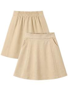 Rok Seragam Sekolah Anak Perempuan Remaja Nyaman, Rok A-Line Twill dengan Saku, Gaya Kampus Serbaguna - Khaki - View 3
