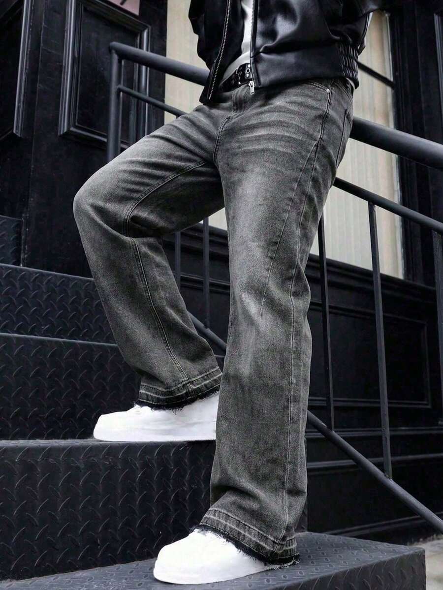 BAZR 男士喇叭牛仔裤，修身破洞喇叭裤，Y2K 堆叠式牛仔裤，撞色水洗刺绣牛仔裤，适合所有季节 - 深灰色 - 查看 1