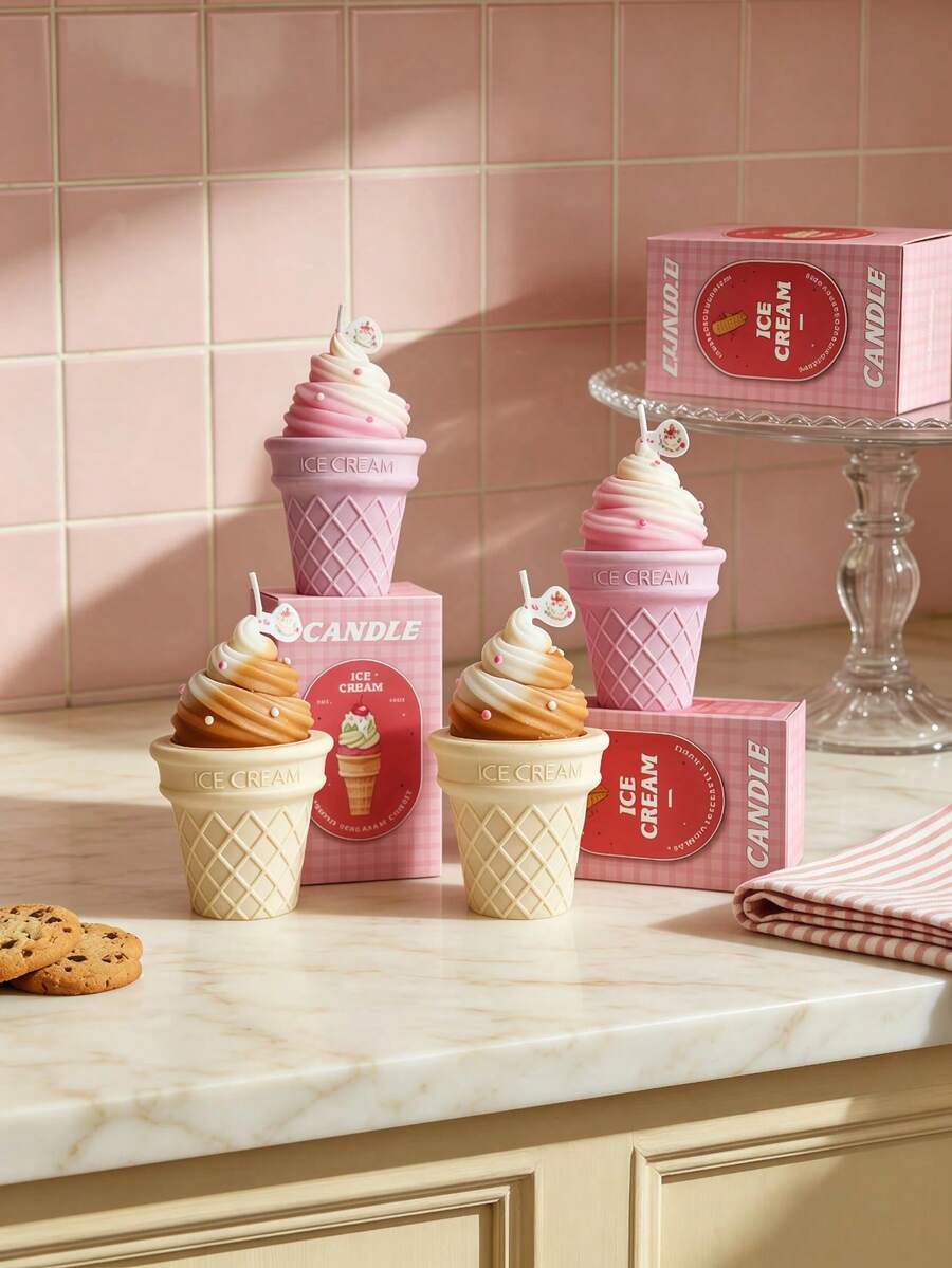 Ice Cream Cone Gift Box Candle, Coffee Brown, Pink, Long-Lasting Fragrance, Smokeless And Non-Flammable, Birthday Gift, Wedding Decor Style, Room Bedroom Decoration, Back To School Season, Halloween, Christmas - Multiple Styles - View 1