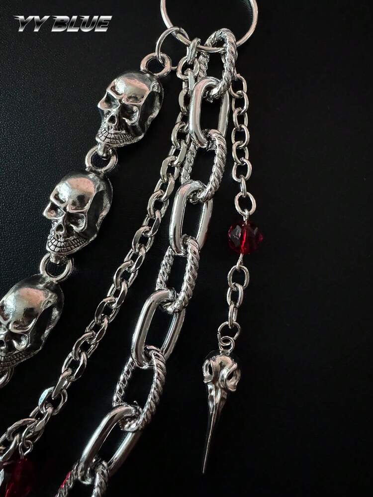 1pc Multi-Layer Fashion Hip-Hop Men's & Women's Pants Chain, Personalized Skull Clothing Chain With Bat, Spider & Skull Bird Head Pendant, Street Party Wear, Gift Waist Accessory Jewelry, Halloween Decoration - Multicolor - View 4