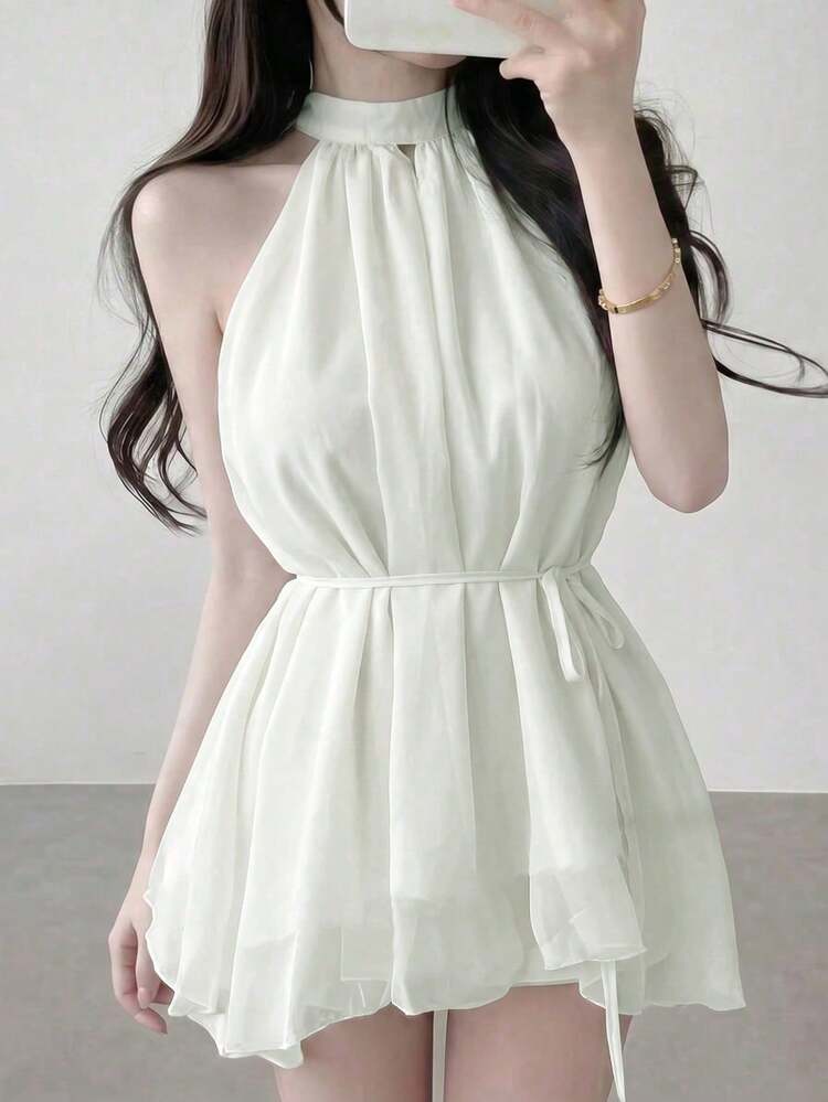 Korean Style Chic Halter Neck Fitted Sleeveless Dress Top Summer - Apricot - View 1