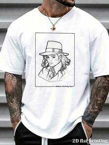 Vintage Pop Legend  Line Art Portrait Print Casual Short Sleeve T-Shirt, Retro Music Lover Graphic Tees For Men, Loose Fit Comfy Summer Casual Streetw - White - View 6