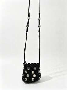 Tas Selempang Mini Anyaman Manik-Manik Berkilau, Dompet Koin Bentuk Lipstik, Tas Mini Aksesori Fashion untuk Perjalanan - Hitam - View 3