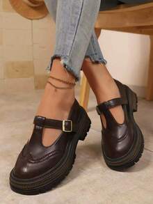 Women's Academy Style Mary Jane Shoes, Vintage T-Strap Buckle Upper, Round Toe Thick Sole Loafers, Suitable For Daily Commute And Campus - Brown - View 2
