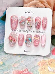 10 Stück handgefertigte kurze ovale rosa Glitzer Acryl Press-On Nägel Set, glänzende Full Cover Kunstnägel mit 3D Blumen Schleife Strass, süße niedliche Nagelspitzen für Frauen Mädchen Herbst Alltag Party Geschenk - Pink - Übersicht 2