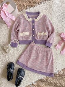 Young Girls Sweet Elegant Knit Cardigan Jacket & Skirt Set 2Pcs, Colorblock Lace Trim Pearl Button Outfits Kids Fall Winter Holiday Photo Suits - Mauve Purple - View 4