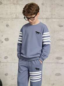 Boys' Spring/Autumn 2-Piece Set, Striped Pony Print Crew Neck Long Sleeve Top With Matching Jogger Sweatpants, Suitable For School And Outdoor Activities - Blue - View 5
