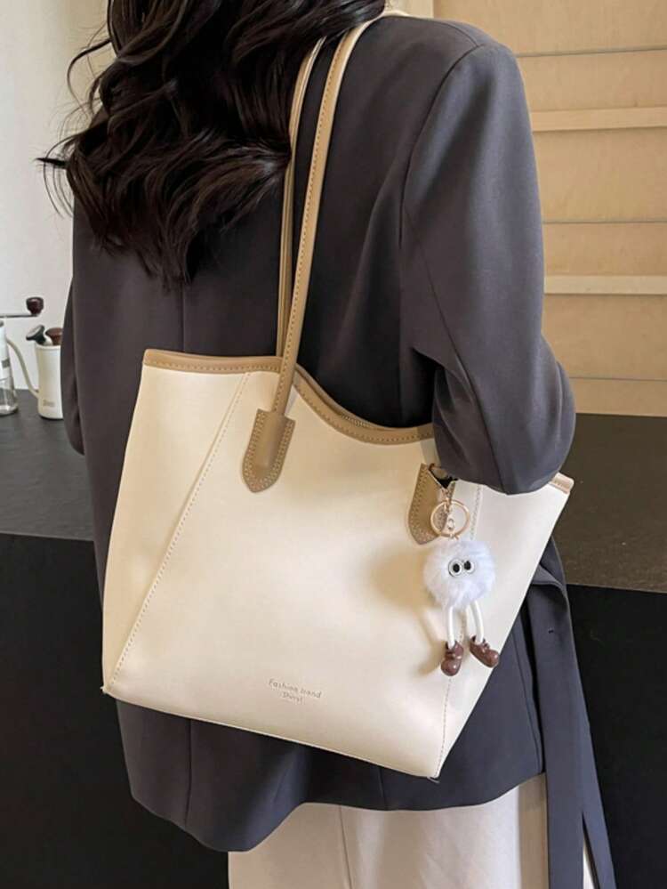 Tas Tote Bahu Wanita, Warna Polos & Dua Warna, Gantungan Boneka Monster Mewah, Penutup Resleting, Kapasitas Besar, Cocok untuk Perjalanan, Kantor Sehari-hari & Belanja - Khaki - View 4