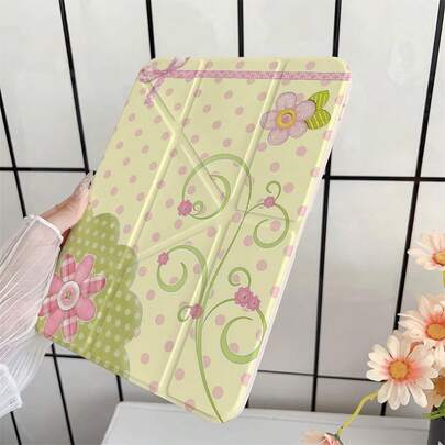 Light Yellow & Pink Polka Dot Plaid Floral Bow Protective Case With Pen Slot, Compatible With IPad 10th Gen 10.9" 2022 Smart Case/Air 13(M3 2025)/Air 11(M3 2025)/11(A16 2025)/Compatible With Samsung Galaxy S9/S7/S10+/Compatible With Samsung Galaxy Tab S6 Lite 10.4"/Compatible With Huawei MatePad