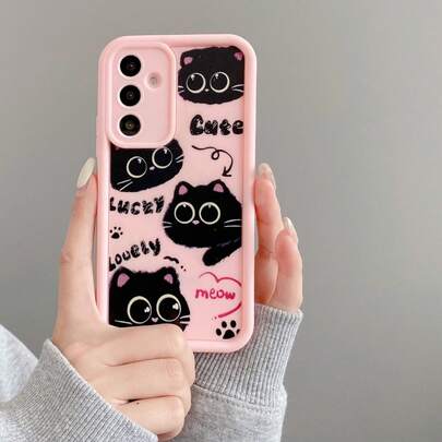 1pc Coal Ball Cat Illustration (Short Rope Gift With Follow) Gradient Phone Case Suitable For An Series [International Version Non-Local Version] 17T/17T PRO/RY 600/600PRO/600LITE SX S26Ultra/S25/S24/S23/S22/S21/S20/A57/A37/A27/A17..RYX5C/X5B/X6C/X7C/X8C/A9C VIVOY04/V50/V29E/Y19S/Y39/ CY Transsion MtTransparent Shockproof Protective Cover