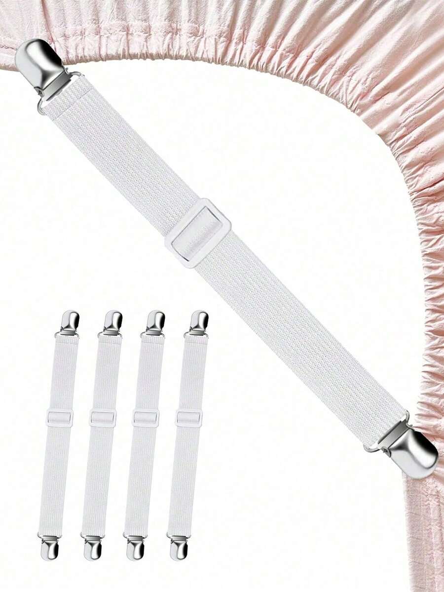 4pcs Triangular Bed Sheet Clips Set With Adjustable Elastic Rope And Durable Metal Buckle, Reusable Invisible Anti-Slip Straps For Securely Fixing Bed Sheets, Sofa Cushions, Headboards, Home Decor, Bedroom Decor, Room Decor, Essential Home Supplies, College Dorm Essentials, Black And White Dual Colors, All-Season Versatile, Practical Home Goods, Suitable As New Year Home Gift
