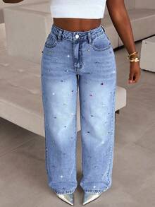 2025 Autunno/Inverno Nuova Moda Jeans a Gamba Larga con Decorazione in Strass - Eleganti Pantaloni in Denim a Gamba Dritta da Donna per Feste & Uso Quotidiano Casual Vacanze Primavera Autunno - Lavaggio chiaro - Visualizzare 7