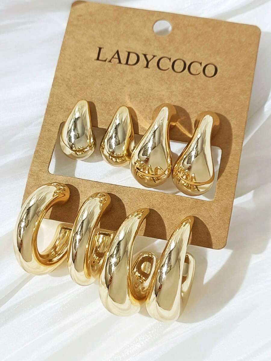 LADYCOCO 4對時尚優雅獨特水滴/幾何C型耳環，適合女性日常穿戴、約會、派對及日常搭配