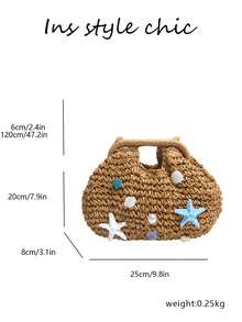 Beach Woven Handbag, Starfish Shell Pearl Decorated Rattan Handle Bag, With Detachable Metal Chain Shoulder Strap, Suitable For Summer Vacation - Khaki - View 2