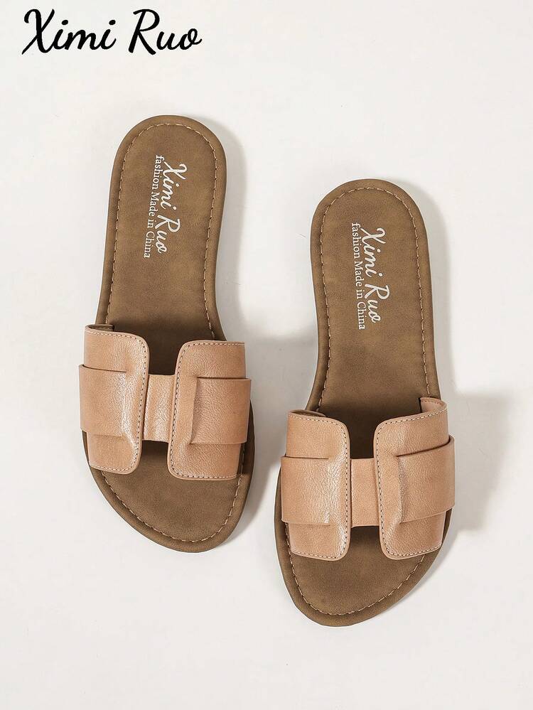 Ximi Ruo Korean Style Casual Flat Slide Sandals For Women, Summer Spring Autumn New Fashion French Style Brown Flat Slippers For Beach, Apartment - Apricot - View 6