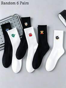 1/3/6 Pairs Cartoon Monster Embroidered Men's Mid-Calf Sports Socks, Breathable And Moisture-Wicking, Daily Sports Basketball Socks, All-Season Versatile - Black and White - View 7