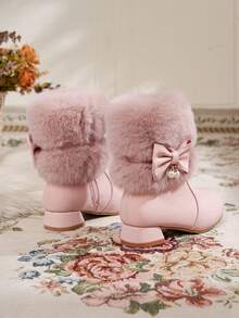 1 Pair Kids' Popular Snow Boots, Boys' And Girls' Fashion Versatile Soft Sole Anti-Slip Wear-Resistant Solid Color Thermal Lined Warm Boots - Pink - View 4