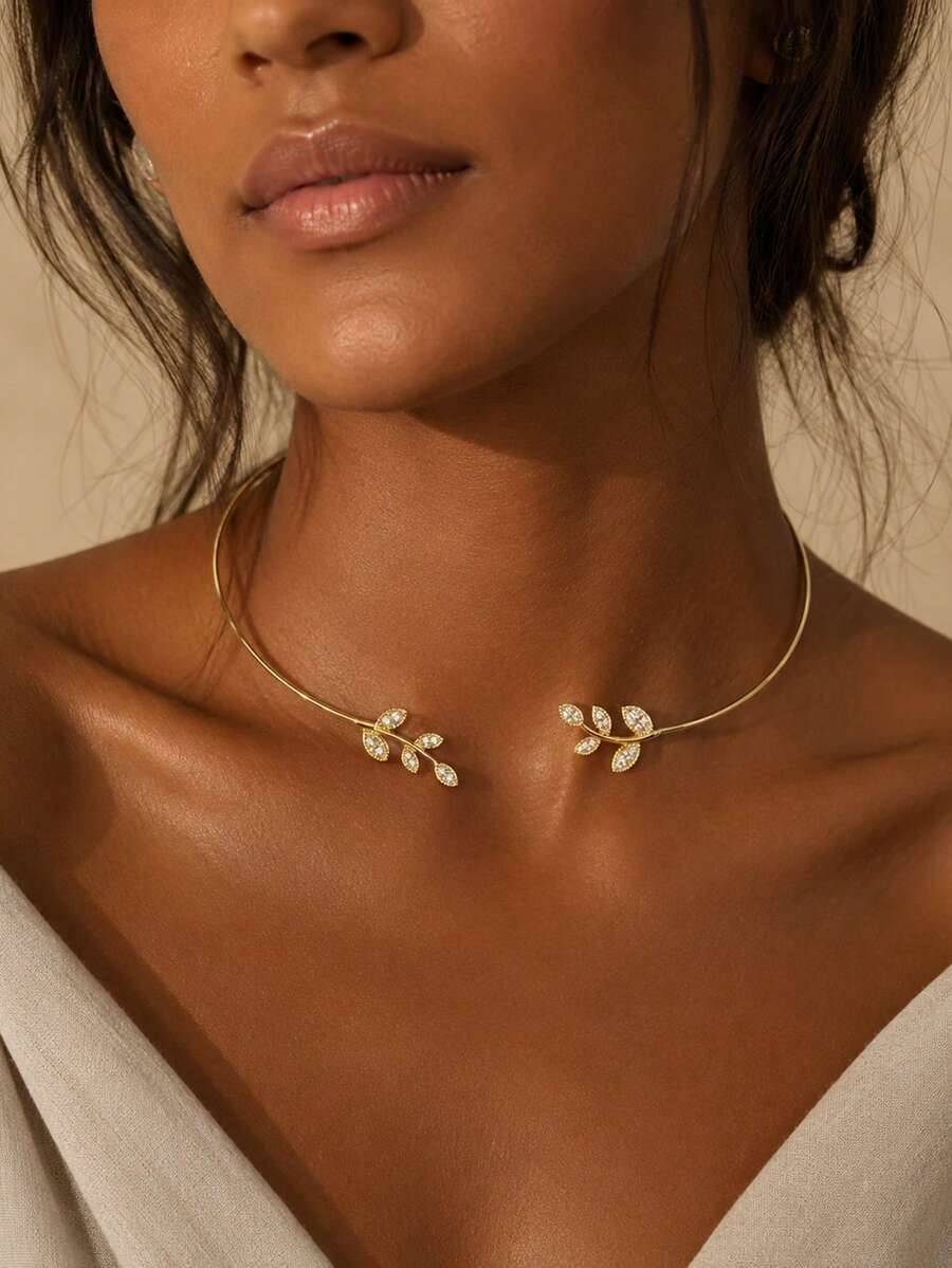outingfit 1pc Leaf Collar Necklace, Niche High-End French Style Rhinestone Clavicle Chain, Minimalist Fashion Versatile Daily Accessory - Leaf - View 1