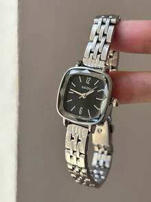 1 pieza Reloj de mujer vintage de acero inoxidable plateado con esfera cuadrada pequeña, reloj de pulsera de cuarzo elegante y de moda adecuado para uso diario. - Plateado - Ver 5