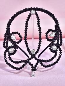 1pc Luxury Fashion Crystal Beaded Rhinestone Bridal Headband, Personalized Wedding Banquet Party Hair Accessory - Black - View 3
