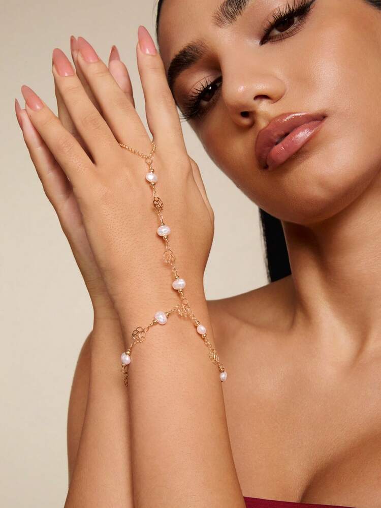 Altistry 1pc Elegant Asymmetric Pearl Rose Flower Chain Linked Finger Ring Bracelet, Suitable For Daily Wear, Parties And Any Occasions - Yellow Gold - View 5