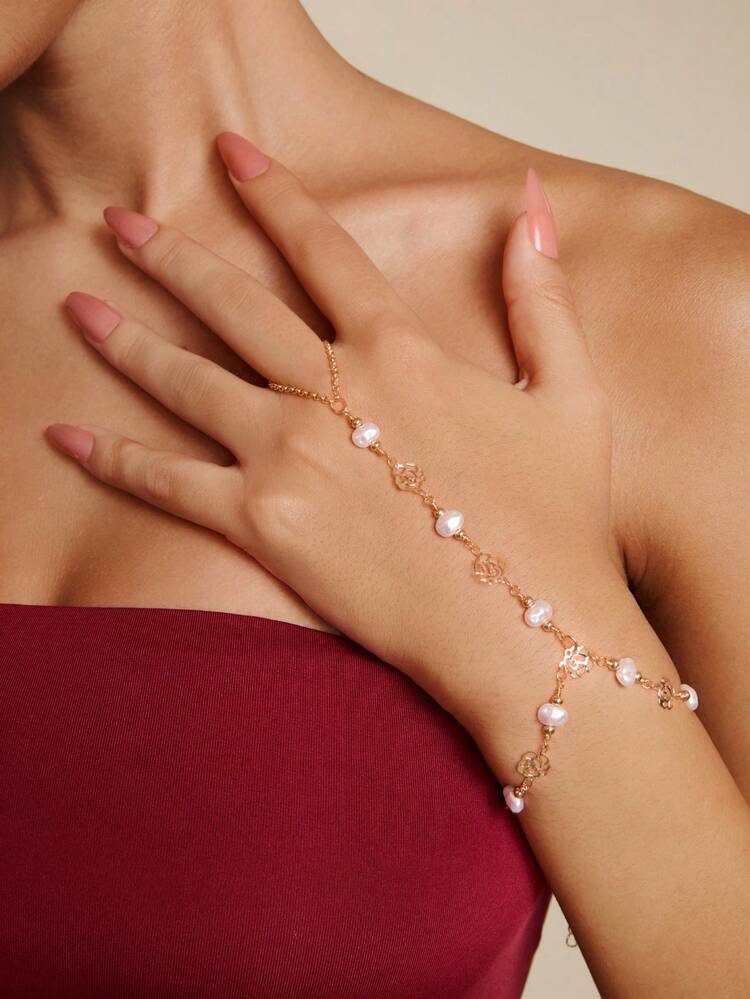Altistry 1pc Elegant Asymmetric Pearl Rose Flower Chain Linked Finger Ring Bracelet, Suitable For Daily Wear, Parties And Any Occasions - Yellow Gold - View 3