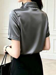 Silk Short Sleeve Shirt With Design, Lightweight Mature Hong Kong Style, Satin Fabric, Solid Color, Button Closure, Office Wear - Grey - View 3