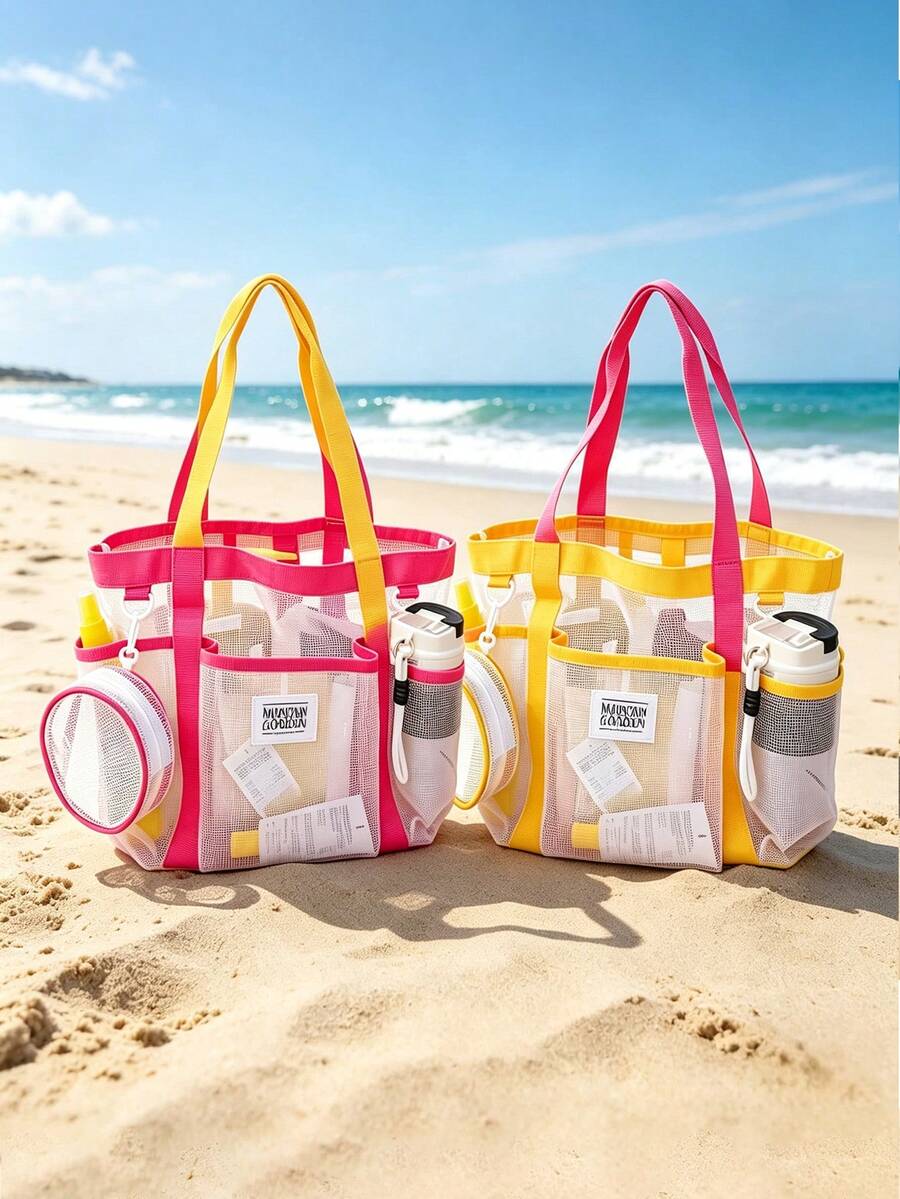 Ueasy 2pcs Mesh Dry-Wet Separation Beach Bag, Waterproof Multi-Pocket Swimming Storage Tote, Quick Dry, Suitable For Pool, Travel, Gym, Dorm, Unisex Adult Summer Beach Essential, Holiday Gift For Men And Women Friends - Multicolor - View 1