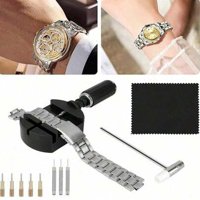 Kit de eliminación de eslabones de reloj, Kit de eliminación de eslabones de reloj 11 piezas Herramienta de ajuste de tamaño de correa de reloj para ajuste de correa de reloj Kit de herramientas de reparación de reloj con martillo y barra de resorte