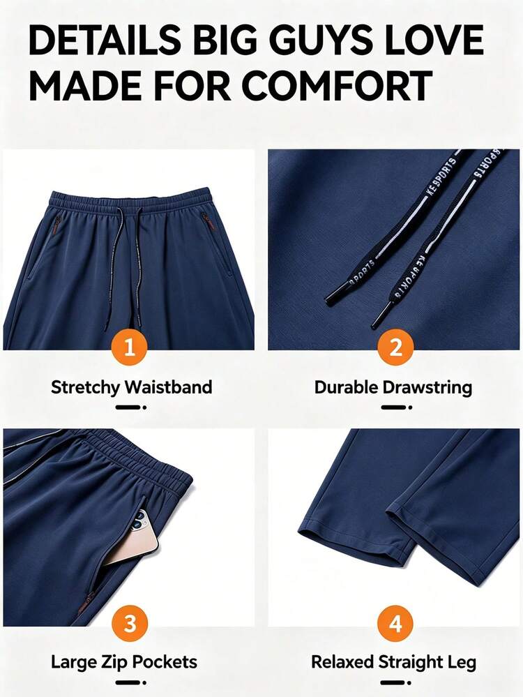 1Pc Men's Plus Size Summer Casual Pants, Stretch Drawstring Waist, Straight-Leg Trousers With Zipper Pockets, Suitable For Daily & Outdoor Wear - Royal Blue - View 4