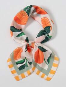 1 pieza Pañuelo de cabeza estilo vintage francés con estampado floral de limón cítrico, chal fino de protección solar, pañuelo para el cabello de mujer de seda sintética cuadrada, pañuelo para bolso, adecuado para playa, calle, uso diario, vacaciones, cinta decorativa. - S57143-Naranja - Ver 2
