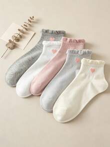 1/5 Pairs Women's Ruffle Edge Heart Solid Color Short Socks, Sweat-Absorbent Breathable Casual Socks, Suitable For Daily Wear, Sports, Back To School Season - Multicolor - View 2
