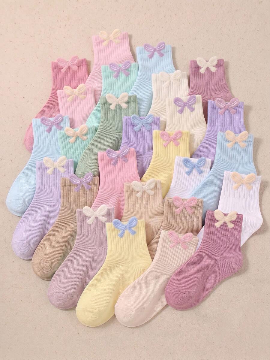 20 Pairs Girls Cute Bow Ribbed Mid-Calf Socks, Breathable Comfortable Soft, All Season Wear, Casual School Daily Wear, Suitable For Toddlers Children Teenagers 1-16 Years Old, Random Assortment - Multicolor - View 1