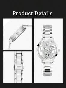 GUESS Hollow Skeleton Quartz Watch For Women, Rhinestone Four G Logo Dial Stainless Steel Bracelet Wristwatch, Luxury Silver Waterproof Fashion Dress - Silver - View 5