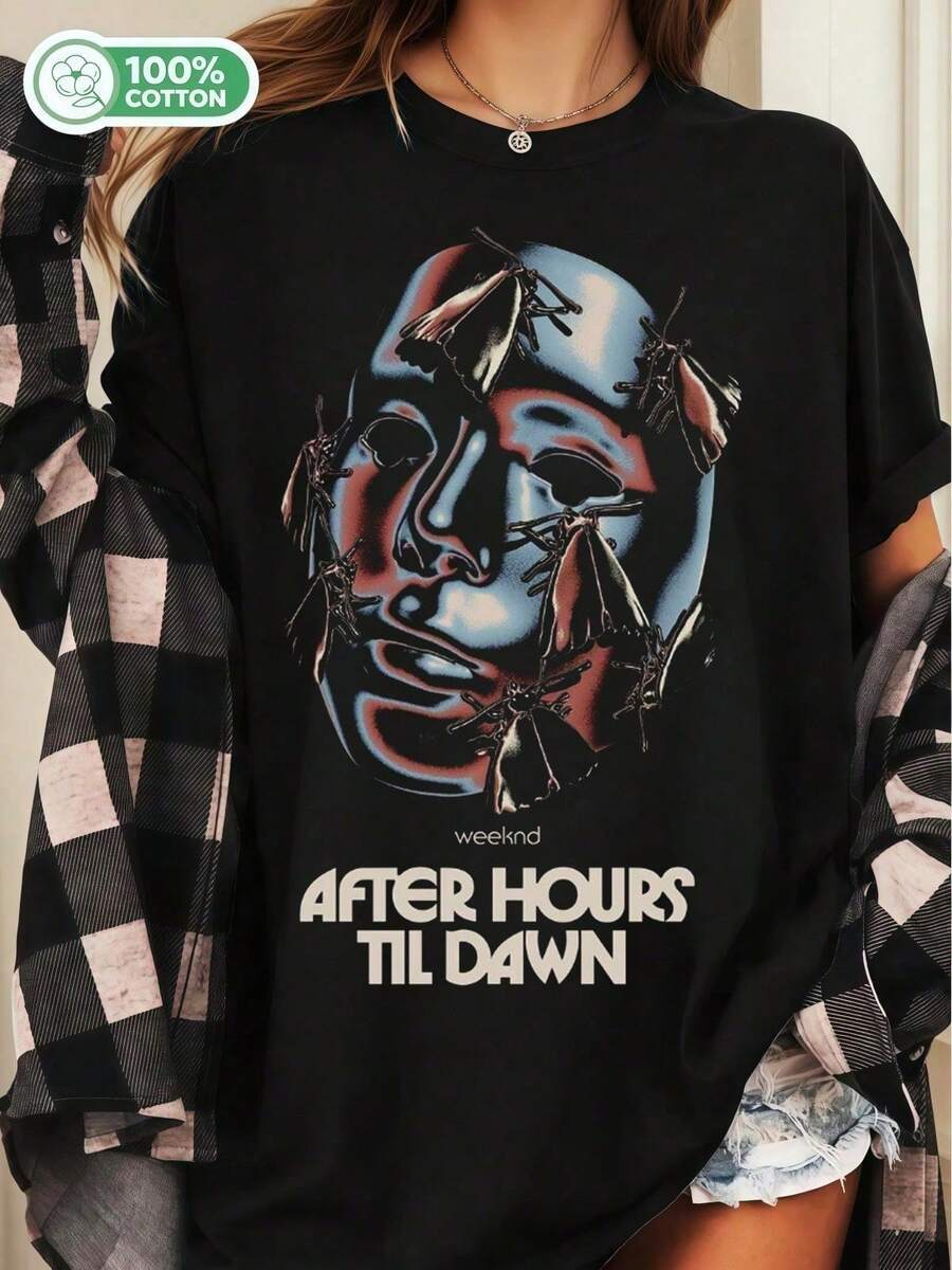 "After Hours Til Dawn" Tour Graphic T-Shirt-Featuring Moth Motifs And A Dark, Surreal Aesthetic, Designed Specifically For R&B Fans. - 黑色 - 查看 1